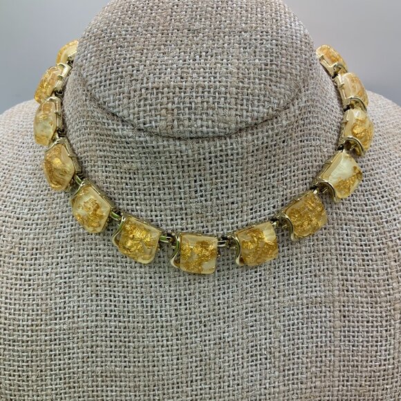 Coro Vintage Gold Tone Lucite Gold Flecks Square Link Necklace - Picture 3 of 6